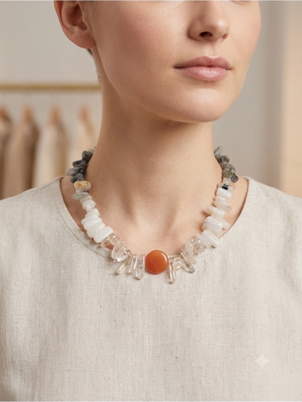 Genuine White Crystal Chip Necklace with Orange Center Accent from Brazil